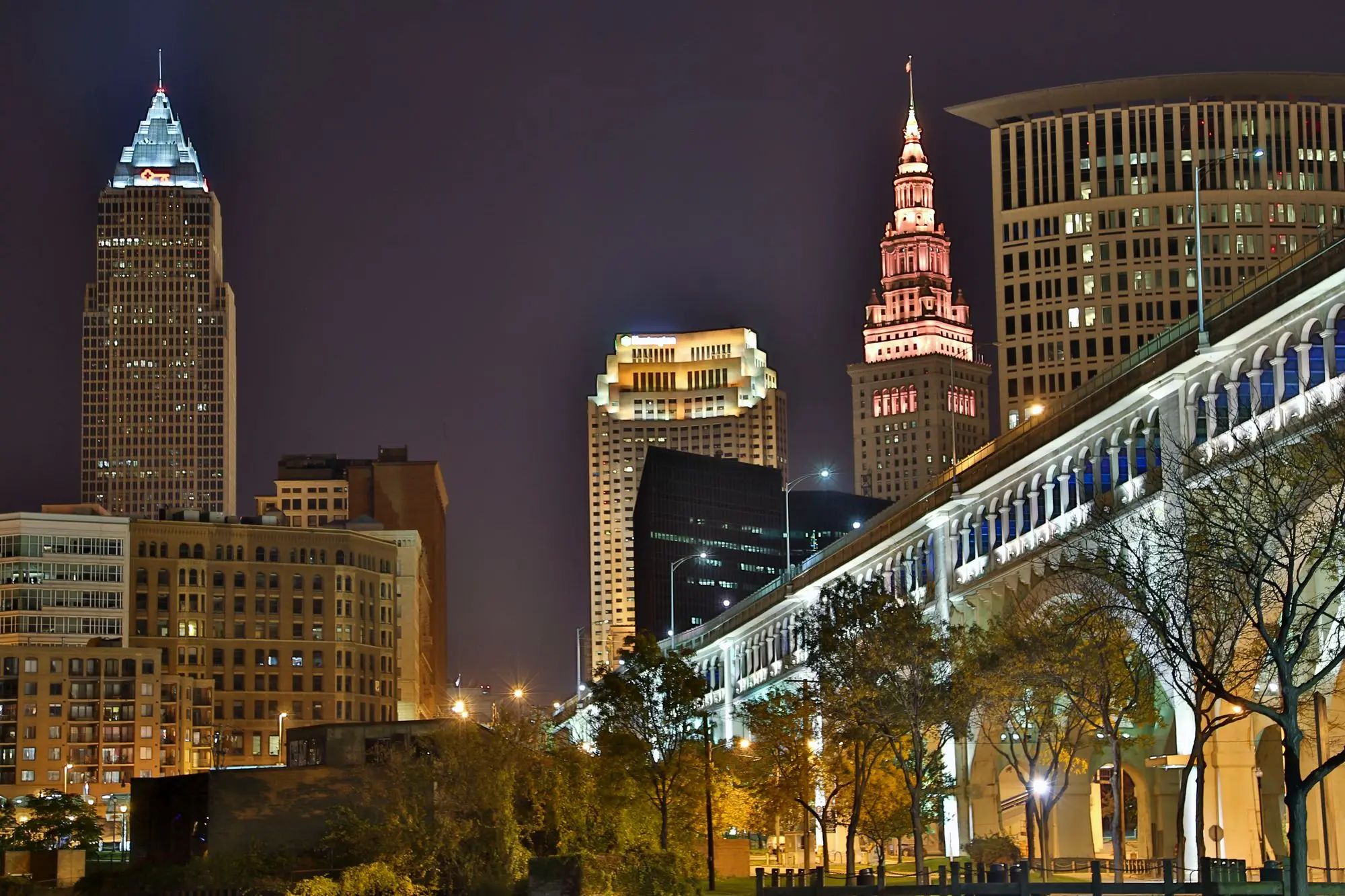 Downtown Cleveland skyline at night